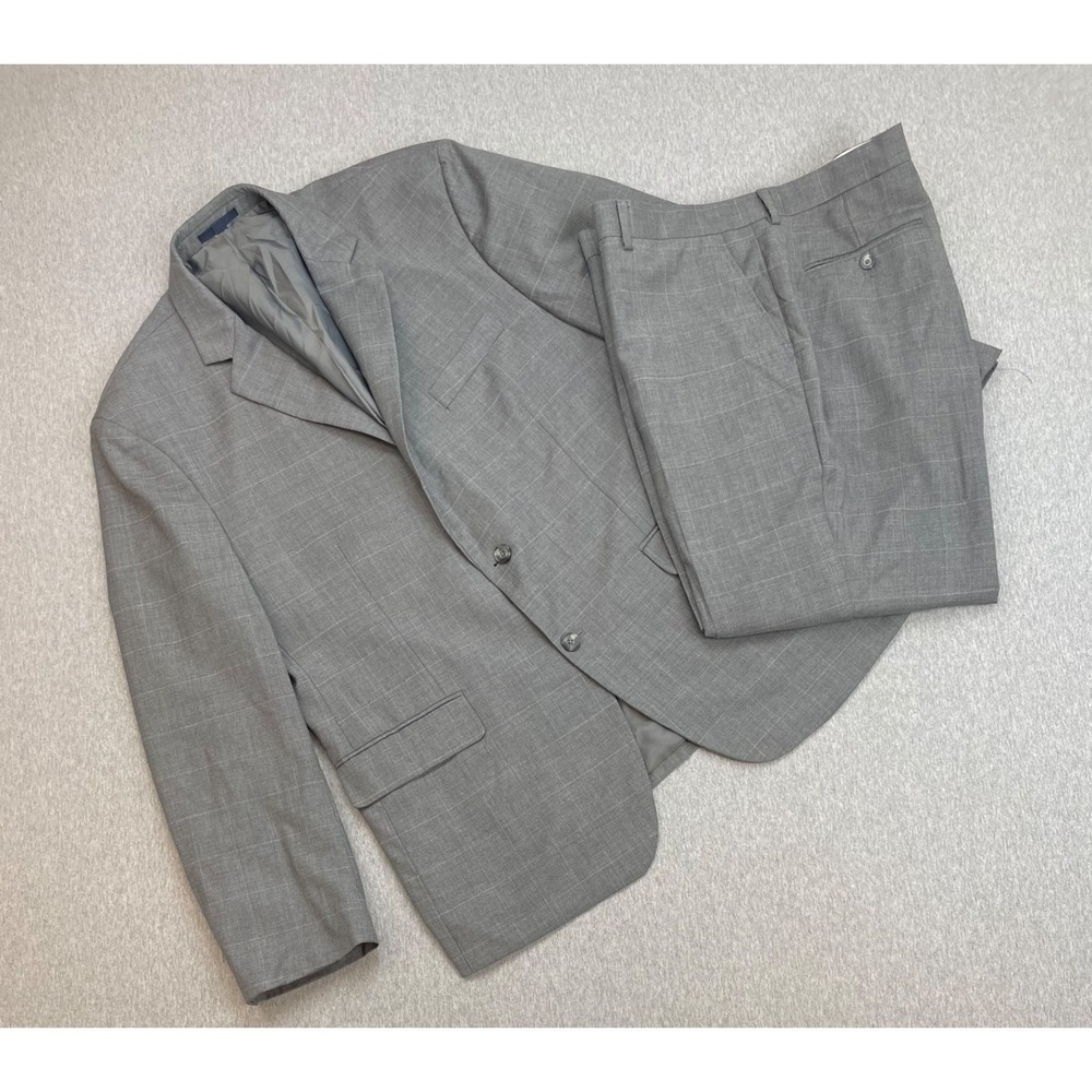 Jos A Bank Suit Mens 46R Gray Windowpane 100% Wool 2-Button Pants 40x32 - 2 Pcs